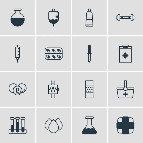 Illustration vectorielle de 16 icônes médicales. Pack modifiable de médicaments, produits pharmaceutiques, flacons et autres éléments . — Image vectorielle