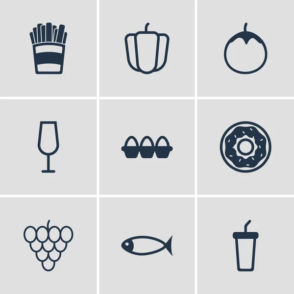 Ilustración vectorial de 9 iconos de cocina. Paquete editable de berenjena, verduras búlgaras, refrescos y otros elementos . — Vector de stock