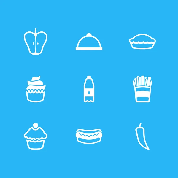 Vector εικονογράφηση 9 εικόνες τροφίμων. Επεξεργάσιμο πακέτου πιατέλα, Muffin, μπουκάλι ποτό και άλλα στοιχεία. — Διανυσματικό Αρχείο