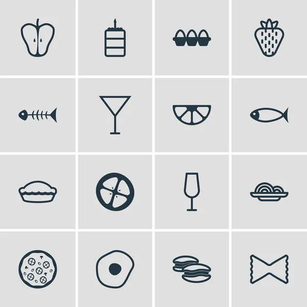 Vektorillustration von 16 Kochsymbolen. editierbare Packung mit Flan, Nudeln, Skelett und anderen Elementen. — Stockvektor