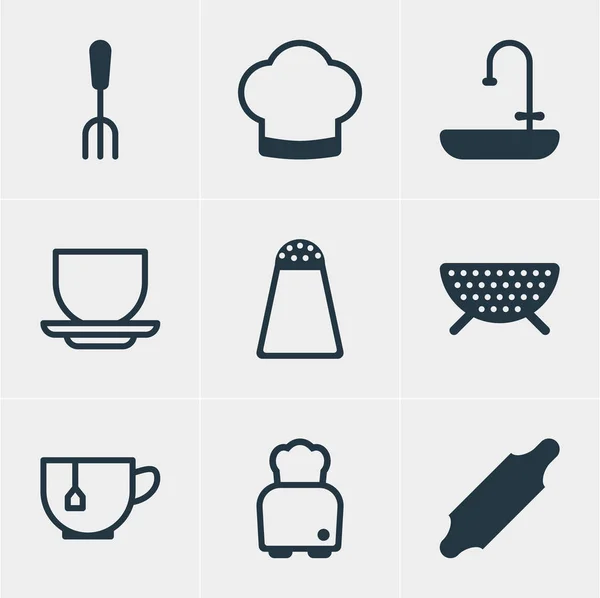 Illustration vectorielle de 9 icônes de cuisson. Pack modifiable de rouleau de boulangerie, tamis, éléments de lavabo . — Image vectorielle