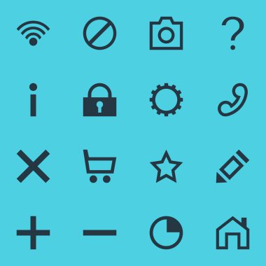 16 arabirim simgeler vektör Illustration. Yıldız işareti, el arabası, asma kilit ve diğer öğeleri düzenlenebilir paketi.