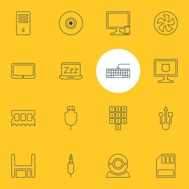 16 Notebook simgeler vektör Illustration. Bilgisayar, ana bilgisayar, Qwerty yönetim kurulu ve diğer öğeleri telefon düzenlenebilir sürüsü.