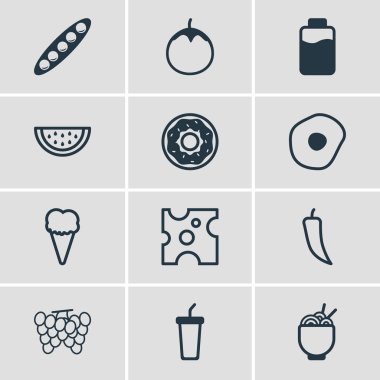 12 mutfağı simgeler vektör Illustration. Patlıcan, biber ve diğer öğeleri yaz meyve düzenlenebilir paketi.