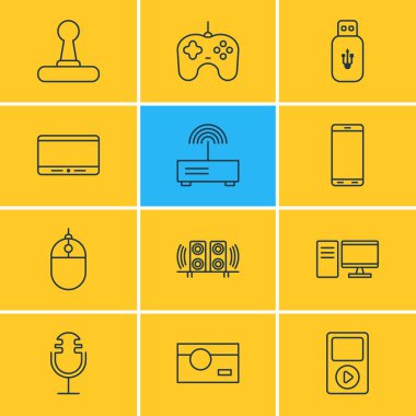 12 aygıt simgeler vektör Illustration. Düzenlenebilir paket Fotoğrafçılık, imleç denetleyicisi, oyun kumandası ve diğer öğeleri.
