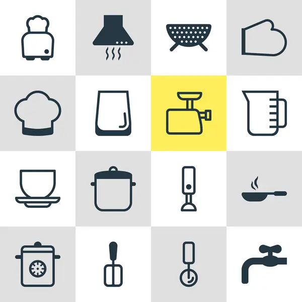 Ilustración vectorial de 16 iconos de utensilios de cocina. Paquete editable de cortadora redonda, tamiz, grifo y otros elementos . — Archivo Imágenes Vectoriales