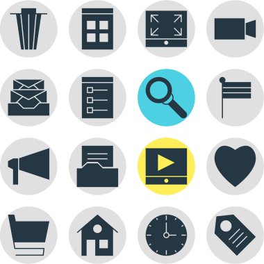 16 Web Simgeler Vektör Illustration. Çöp kutusu, belge dizini, arabası ve diğer öğeleri düzenlenebilir paketi.