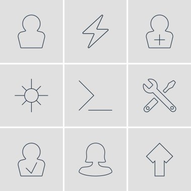 9 kullanıcı arayüzü simgeler vektör Illustration. Yukarı doğru güneş, kadın kullanıcı ve diğer elemanların düzenlenebilir paketi.