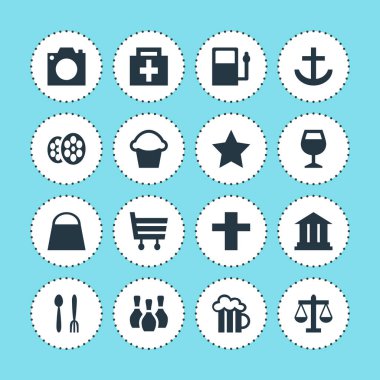 16 harita simgeler vektör Illustration. Ölçekler, düzenlenebilir paketi çapraz, bardağı ve diğer öğeleri.