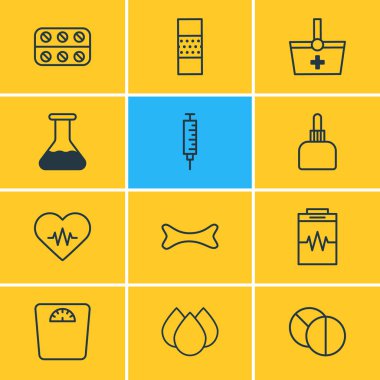 12 tıbbi simgeler vektör Illustration. Kalp ritmi, hap, damlama ve diğer öğeleri düzenlenebilir paketi.