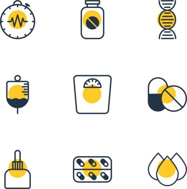 9 sağlık simgeler vektör Illustration. Damlama düzenlenebilir sürüsü, antibiyotik, tartı ve diğer öğeleri.