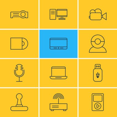 12 aygıt simgeler vektör Illustration. Dvd sürücü, Pc, ışıldak ve diğer öğeleri düzenlenebilir sürüsü.