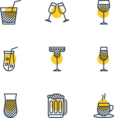 9 içecek simgeler vektör Illustration. Cam, kokteyl, kadehi ve diğer öğeleri düzenlenebilir paketi.