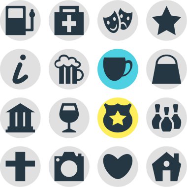 Check-In 16 simgeler vektör Illustration. Maskeler, bardağı, fotoğraf aygıt ve diğer öğeleri düzenlenebilir paketi.