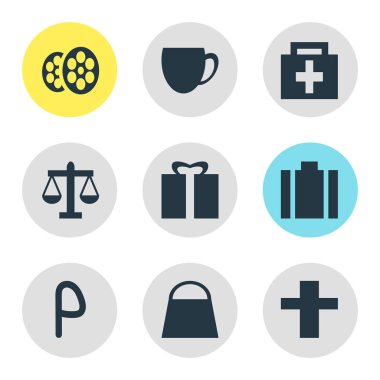 9 harita simgeler vektör Illustration. Evrak çantası, çanta, Film öğeleri düzenlenebilir paketi.