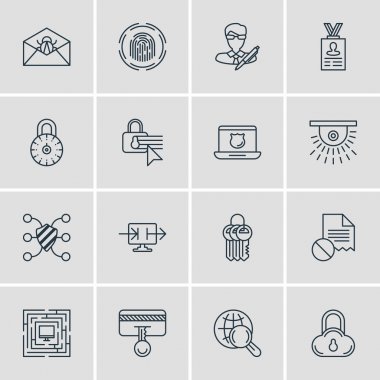 16 veri simgeler vektör Illustration. Kamera, telif hakkı, sistem güvenliğini ve diğer öğeleri düzenlenebilir sürüsü.