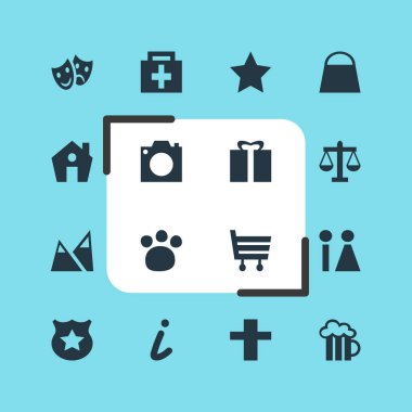 16 harita simgeler vektör Illustration. Çapraz, alışveriş sepeti, evde beslenen hayvan dükkan ve diğer öğeleri düzenlenebilir sürüsü.