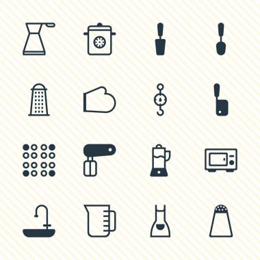 16 mutfak eşyaları simgeler vektör Illustration. Çırpma teli, önlük, biber konteyner ve diğer öğeleri düzenlenebilir paketi.