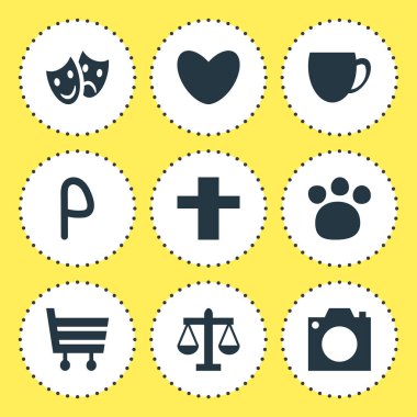 9 seyahat simgeler vektör Illustration. Kalp, ölçekler, kahvehane ve diğer öğeleri düzenlenebilir paketi.