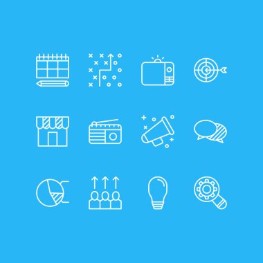 12 sosyal simgeler vektör Illustration. Televizyon, duyuru, taktik planı ve diğer öğeleri düzenlenebilir paketi.