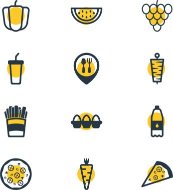 12 pişirme simgeler vektör Illustration. Sebze, et, yumurta konteyner ve diğer öğeleri düzenlenebilir sürüsü.