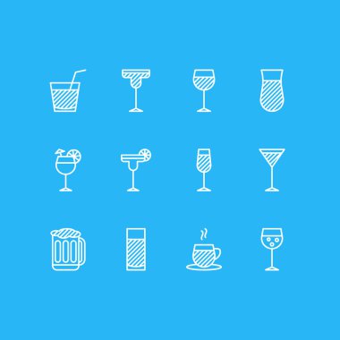 12 simgeler vektör Illustration. Kokteyl, bardağı, içecek ve diğer öğeleri düzenlenebilir paketi.