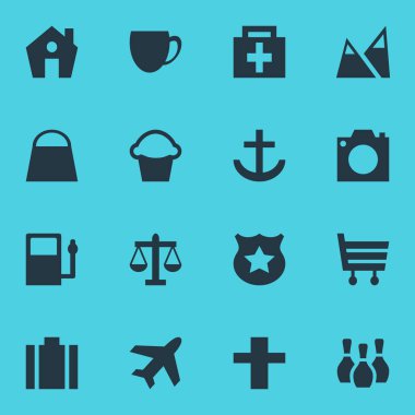 16 yerde simgeler vektör Illustration. Uçak, Kahve Dükkanı, alışveriş sepeti ve diğer öğeleri düzenlenebilir paketi.