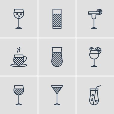 9 simgeler vektör Illustration. Martini, bardağı, su ve diğer öğeler düzenlenebilir paketi.