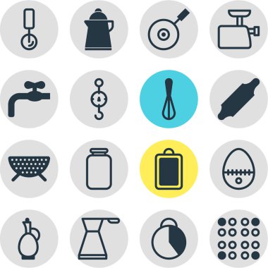 16 yemek simgeler vektör Illustration. Can, tava, su ısıtıcı ve diğer öğeleri düzenlenebilir paketi.