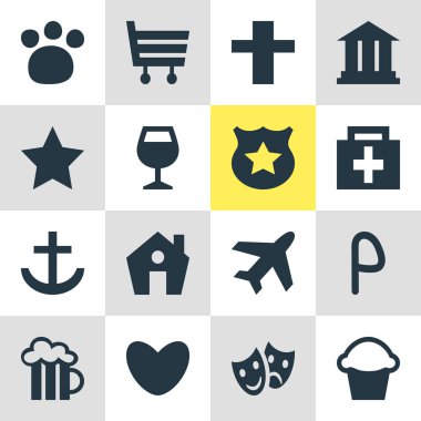 Check-In 16 simgeler vektör Illustration. Otopark, çapa, yer imi ve diğer öğeleri düzenlenebilir sürüsü.