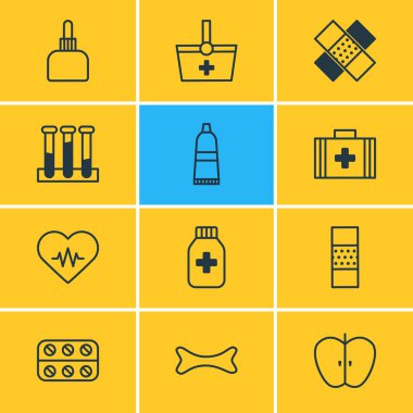 12 tıp simgeler vektör Illustration. Band Aid, tüp, kalp ritim öğeleri düzenlenebilir paketi.