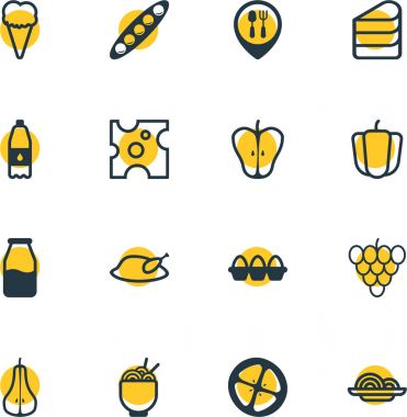 16 mutfağı simgeler vektör Illustration. Düzenlenebilir paket Cruet, yumurta konteyner, makarna ve diğer öğeleri.