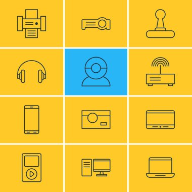 12 Aksesuar simgeler vektör Illustration. Oyun kumandası, Pc, Modem ve diğer öğeleri düzenlenebilir paketi.