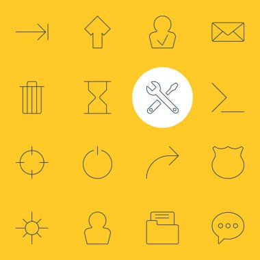 16 kullanıcı arayüzü simgeler vektör Illustration. Kapama, perde esir alma, bakım ve diğer öğeleri düzenlenebilir sürüsü.