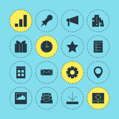 16 Web Simgeler Vektör Illustration. Yer işareti, tarih saat, Upload ve diğer öğeleri düzenlenebilir paketi.