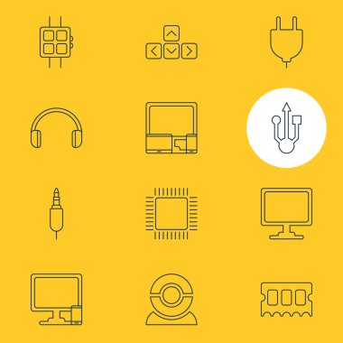 12 Laptop simgeler vektör Illustration. Mikroişlemci, bilgisayar, tuş takımı ve diğer öğeleri telefon düzenlenebilir sürüsü.