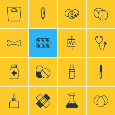 16 tıbbi simgeler vektör Illustration. Trickle, antibiyotik, nabız ve diğer öğeleri düzenlenebilir sürüsü.