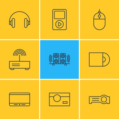 9 Aksesuar simgeler vektör Illustration. Düzenlenebilir paket Fotoğrafçılık, Modem, monitör ve diğer öğeleri.