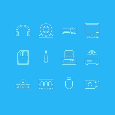 12 Laptop simgeler vektör Illustration. Düzenlenebilir bohça-in örümcek ağı fotoğraf makinesi, bilgisayar, yazıcı ve diğer öğeleri telefon.