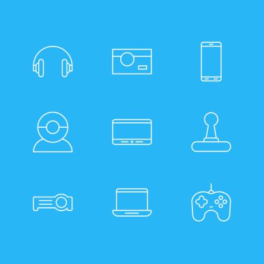 9 donanım simgeler vektör Illustration. Düzenlenebilir paket Fotoğrafçılık, Joypad, bilgisayar ve diğer öğeleri.