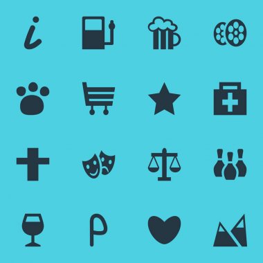 Check-In 16 simgeler vektör Illustration. Bardağı, eczane, yer imi ve diğer öğeleri düzenlenebilir paketi.