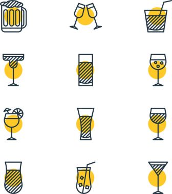 12 içecek simgeler vektör Illustration. Cam, hava akımı, su ve diğer öğeler düzenlenebilir paketi.