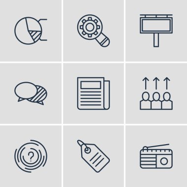 9 reklam simgeler vektör Illustration. Günlük basın, daire diyagram, analizi ve diğer öğeleri düzenlenebilir paketi.