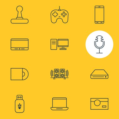 12 Gadget simgeler vektör Illustration. Joypad, ses kaydı, Usb kart ve diğer öğeleri düzenlenebilir paketi.
