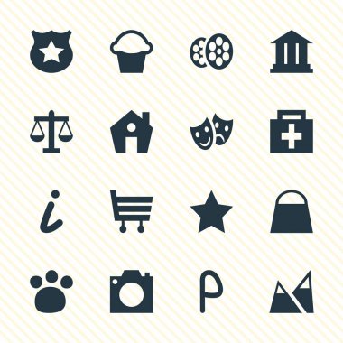 16 seyahat simgeler vektör Illustration. Eczane, Üniversitesi, ölçekler ve diğer öğeleri düzenlenebilir paketi.