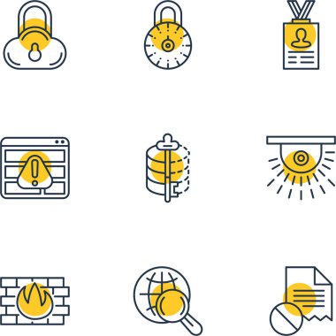 9 Internet güvenlik simgeler vektör Illustration. Hesap verileri, Encoder, kamera ve diğer öğeleri düzenlenebilir paketi.
