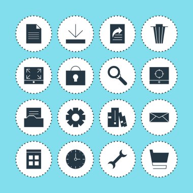 16 Online simgeler vektör Illustration. Belge Transfer, saat, el arabası ve diğer öğeleri düzenlenebilir sürüsü.