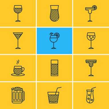 12 içecek simgeler vektör Illustration. Düzenlenebilir paket içki, Aqua, suyu ve diğer öğeleri.