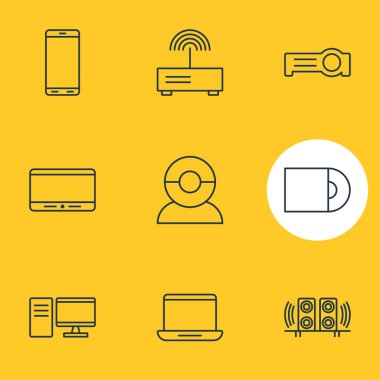 9 aygıt simgeler vektör Illustration. Ekran, Dvd sürücü, ışıldak ve diğer öğeleri düzenlenebilir paketi.