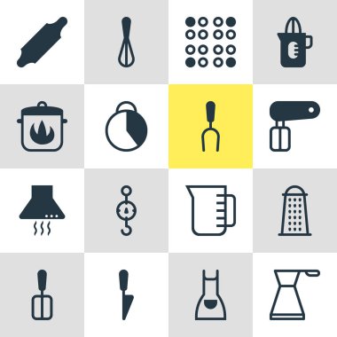 16 Restoran simgeler vektör Illustration. Önlük, aspiratör cihazı, mutfak hançer ve diğer öğeleri düzenlenebilir sürüsü.